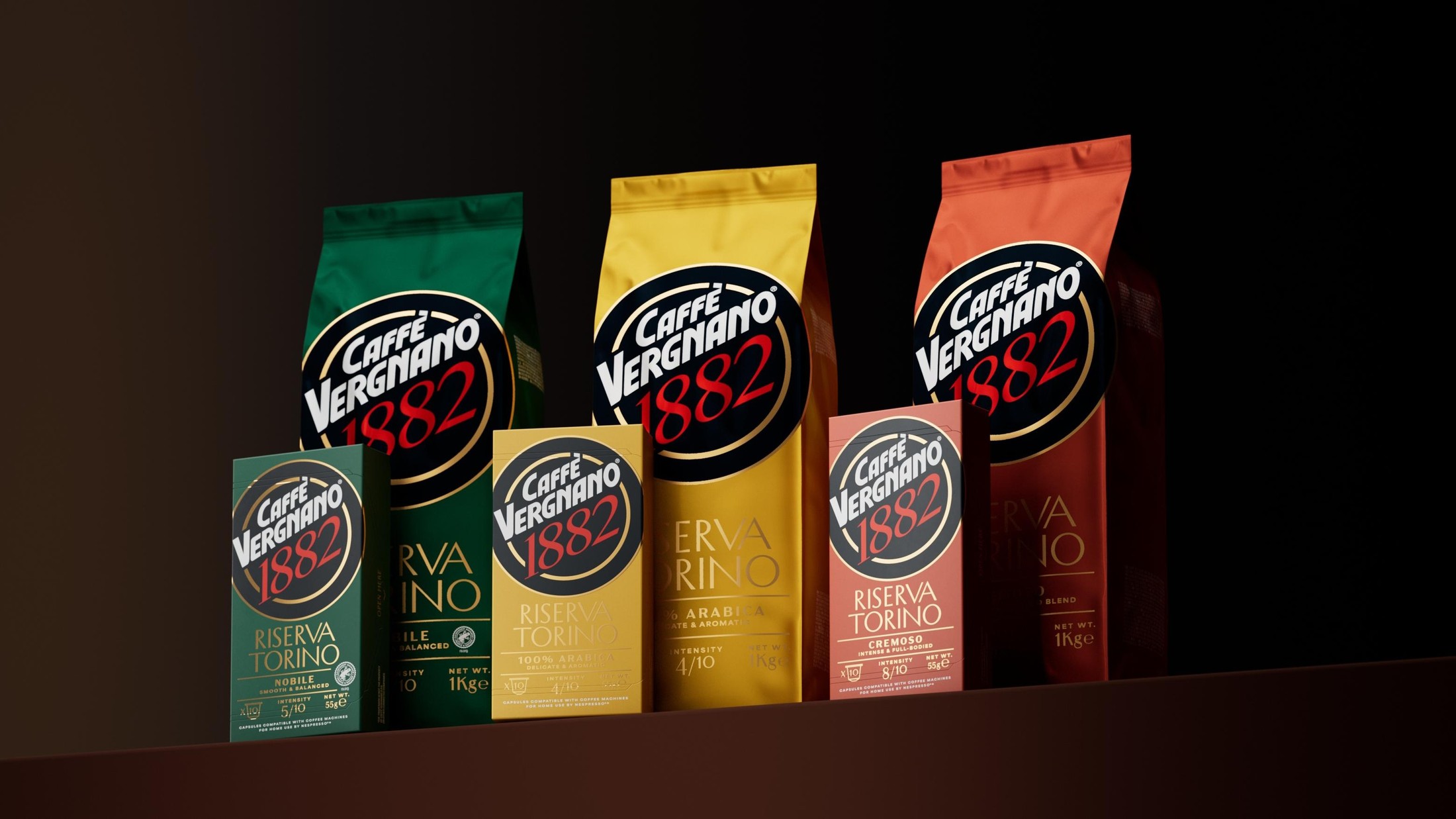 Caffè Vergnano 1882 Riserva Torino Family Key Visual mit Nobile, 100% Arabica und Cremoso